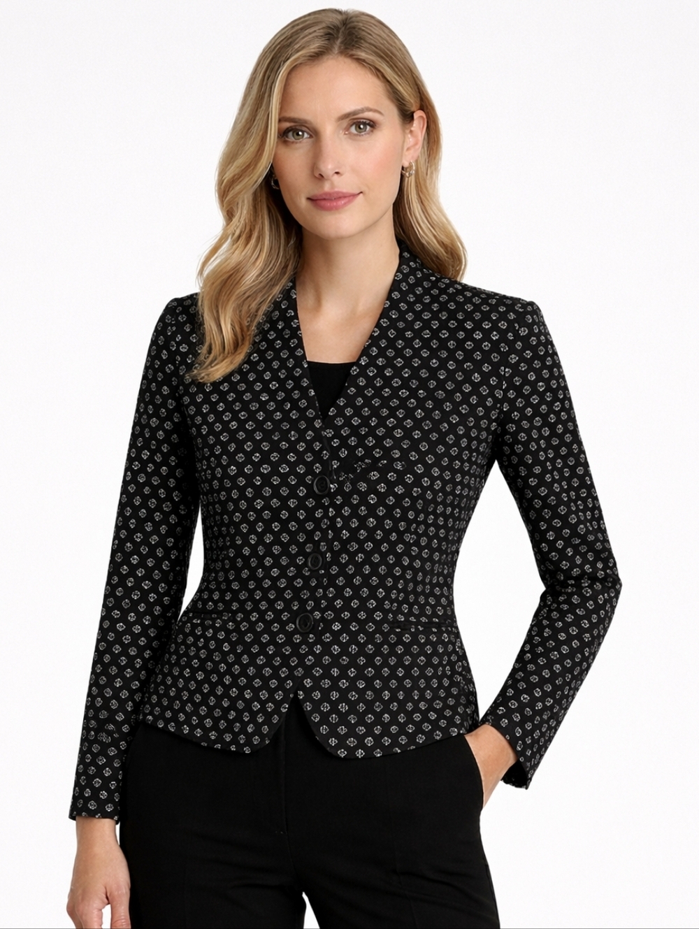 Patrick Collection 100% Silk Collarless Jacket Black White Medium